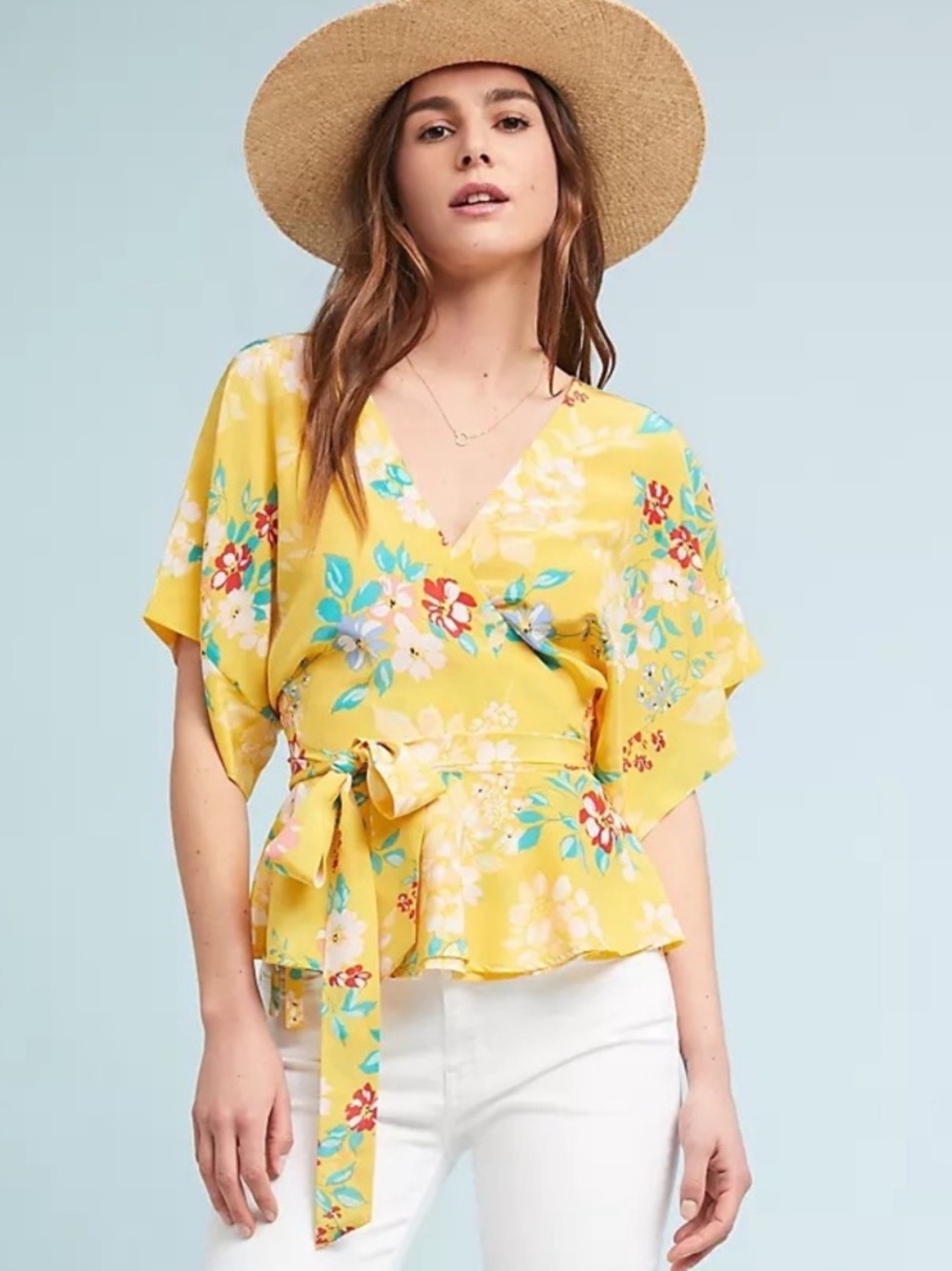 Anthropologie Yumi Kim Happy Days That’s a Wrap Top Silk Floral Yellow Size XS